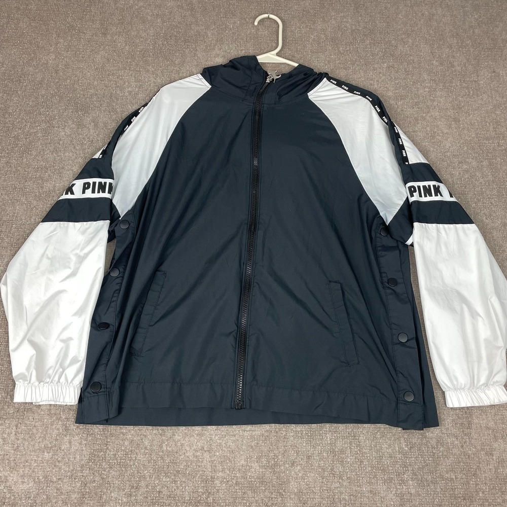 Victoria's Secret Pink Windbreaker Jacket Women XS/S Black White Hooded Full Zip